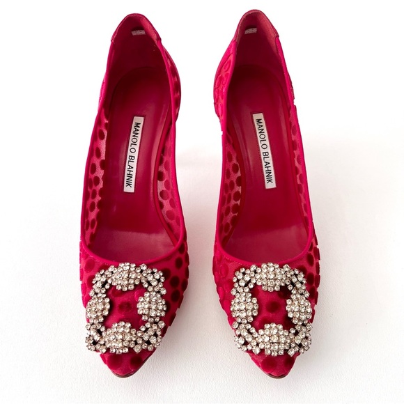 MANOLO BLAHNIK || Red Silk Polka Dot Hangisi Jewel Buckle Embellished Pumps 36 - Picture 2 of 15